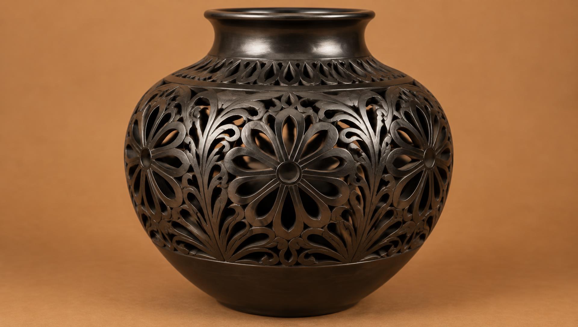 Vaso de barro negro con calado
