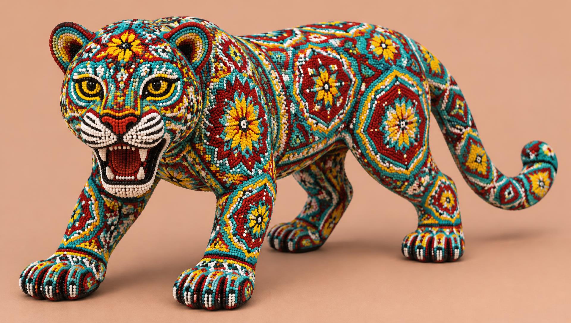 Escultura de jaguar cubierta de chaquira de vidrio