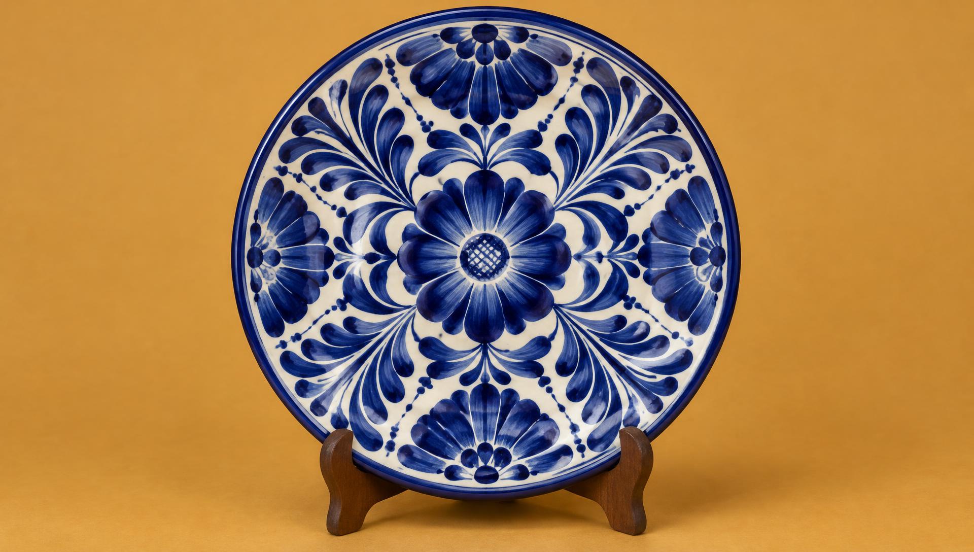 Plato de talavera pintado a mano con flores azules
